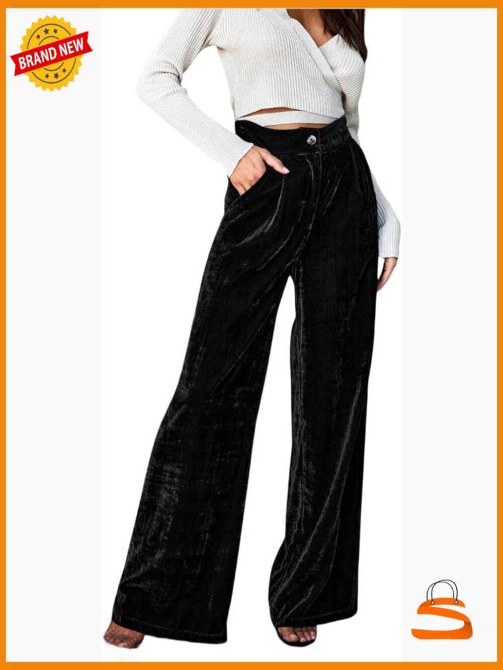 Velvet Wide Leg Palazzo Pants with Pockets High Waisted Elastic Waist Work